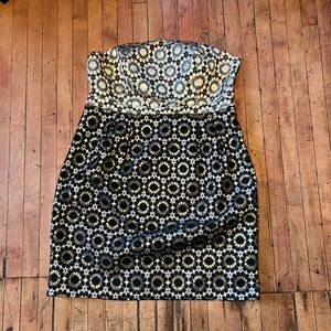 Black and Gold Mod Floral Strapless Dress